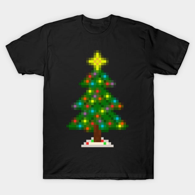 Pixel Christmas Tree with Glowing Lights (Black) T-Shirt by gkillerb